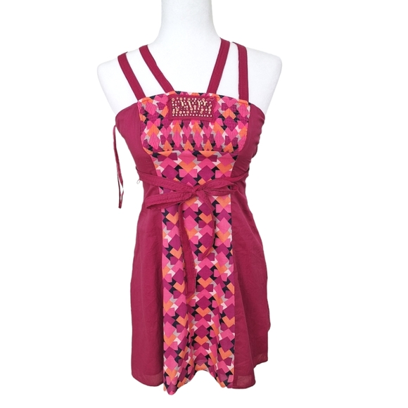 Free People Fun Boho Smocked Beaded Tie Back Pink Cotton Sleeveless Tunic Top 2 - Picture 1 of 9